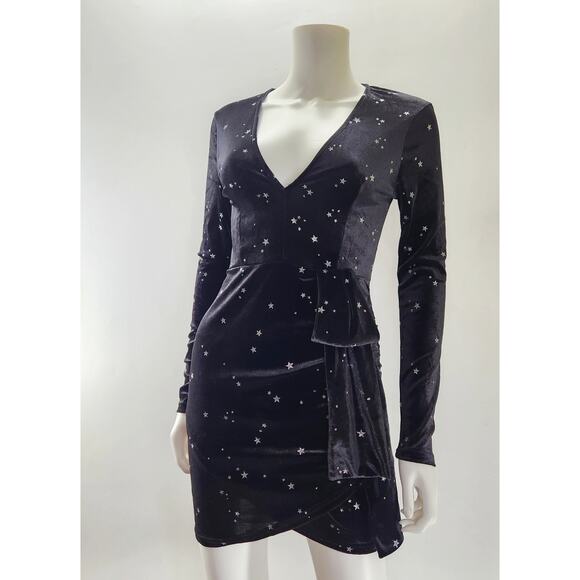 Double Crazy V-Neck Star print Velvet Wrap Mini Dress Size S Ruched Bodycon - Picture 4 of 13